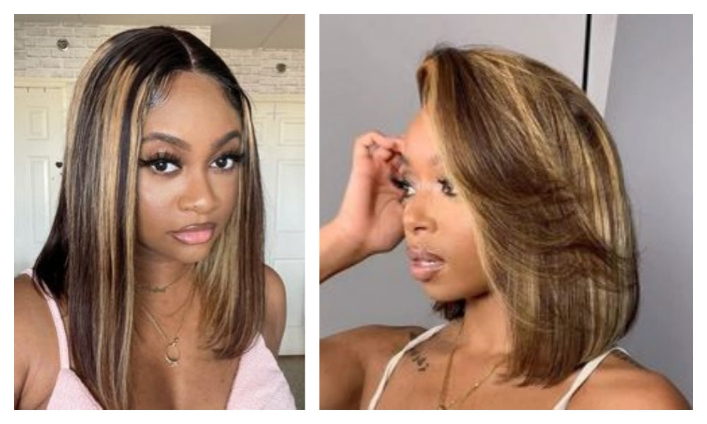 KERWEI HAIR-Brown Bob Wig With Honey Blonde Highlights Lace Frontal Bob