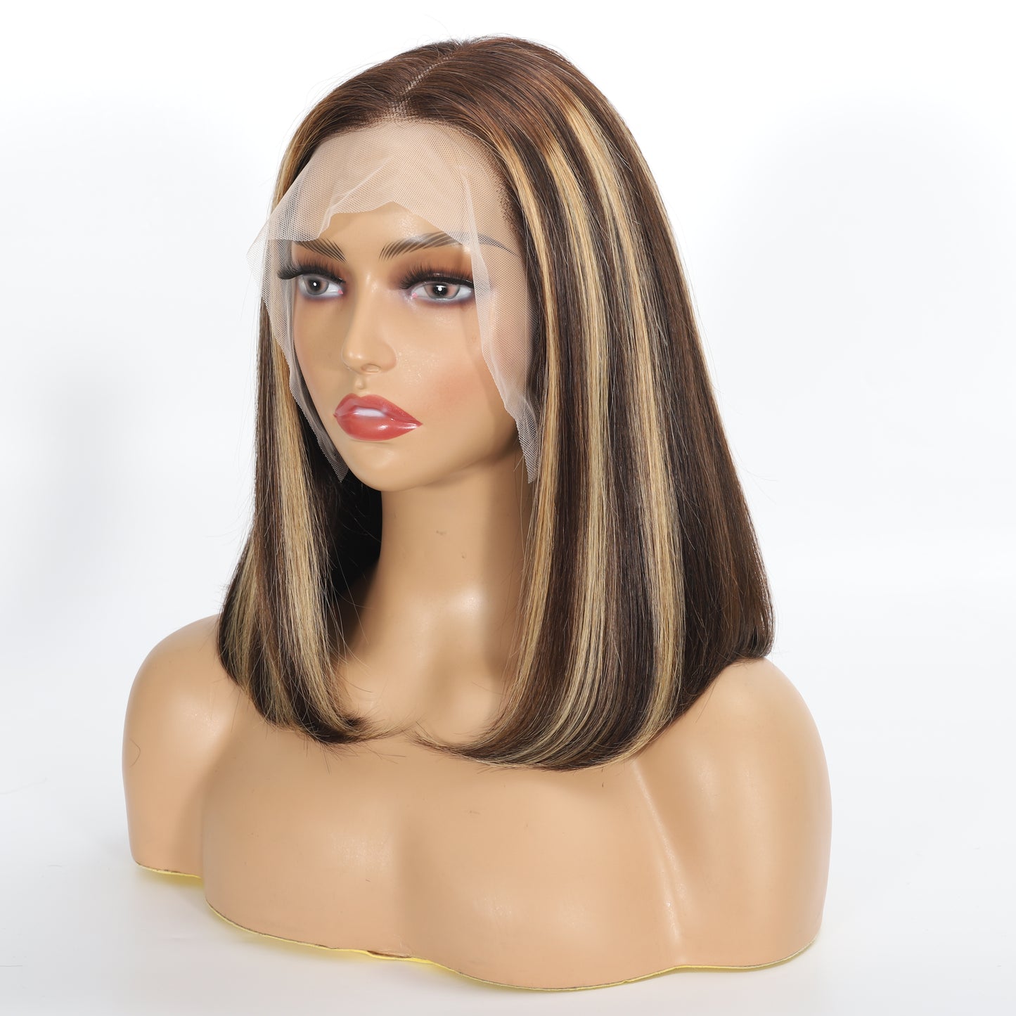 KERWEI HAIR Highlight Bob Wigs Brown Honey Blonde Lace Front Wig Human Hair 14Inch